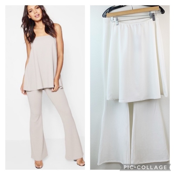 NWT Boohoo ivory strapless long line bandeau tunic + flare leg pull on pants set - Picture 1 of 11